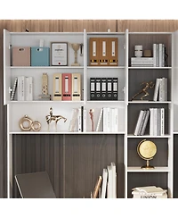 Famapy 94.5 in. W Large 2 in. 1 Wood Double Computer Desk White Writing Desk 86.6 in. Tall Bookshelf, Drawers Home Office