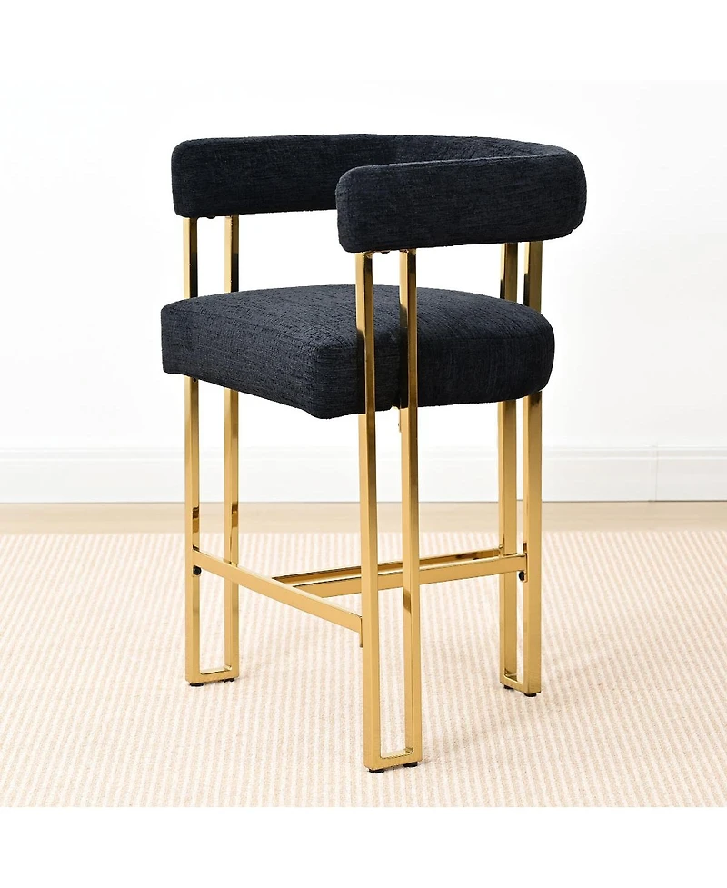 25'' Counter Height Bar Stool with Gold Metal Legs, Chenille Upholstery, Curved Back and Armrest, 1 Unit-Maison Boucle