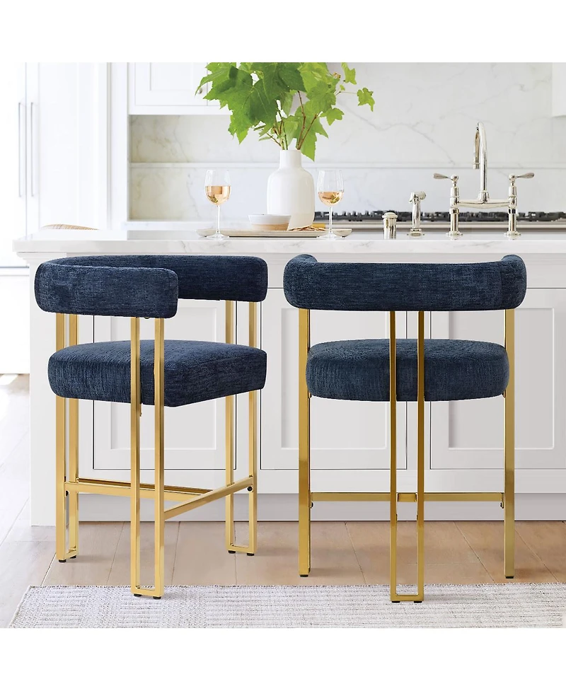 25'' Counter Height Stool with Gold Metal Legs, Chenille Upholstery, Curved Back and Armrest, 1 Unit-Maison Boucle