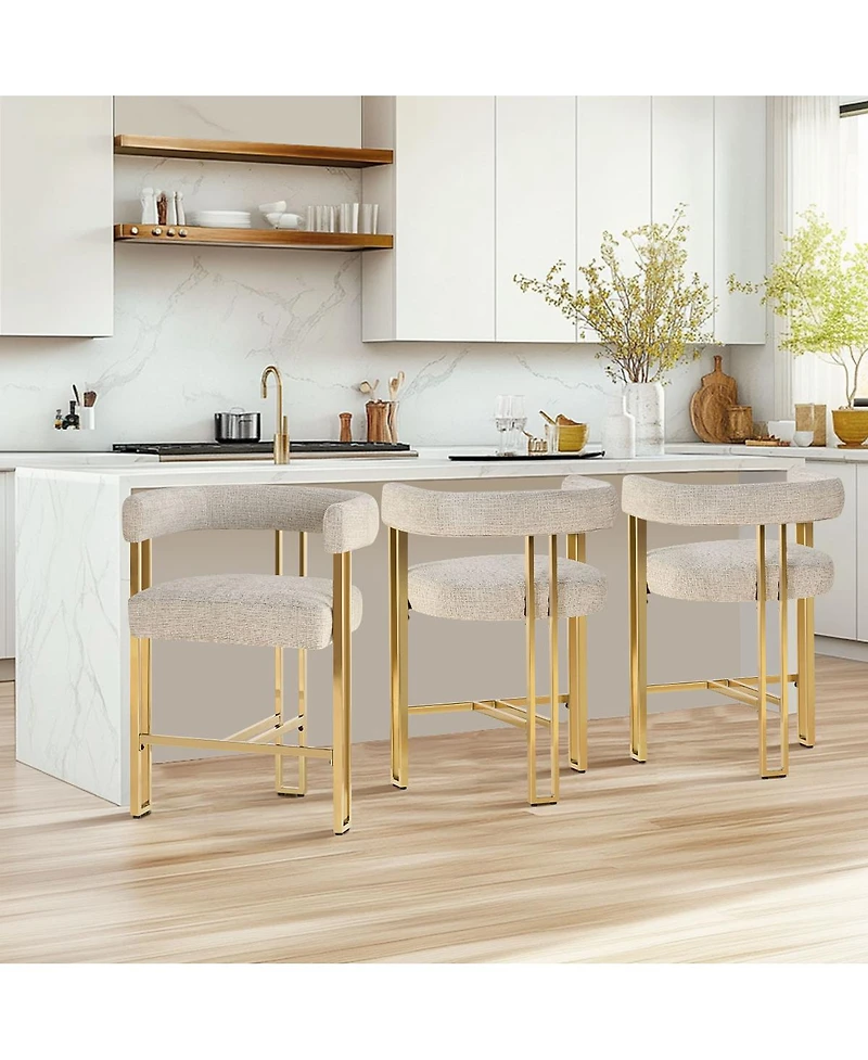 25'' Counter Height Stool with Gold Metal Legs, Chenille Upholstery, Curved Back and Armrest, 1 Unit-Maison Boucle
