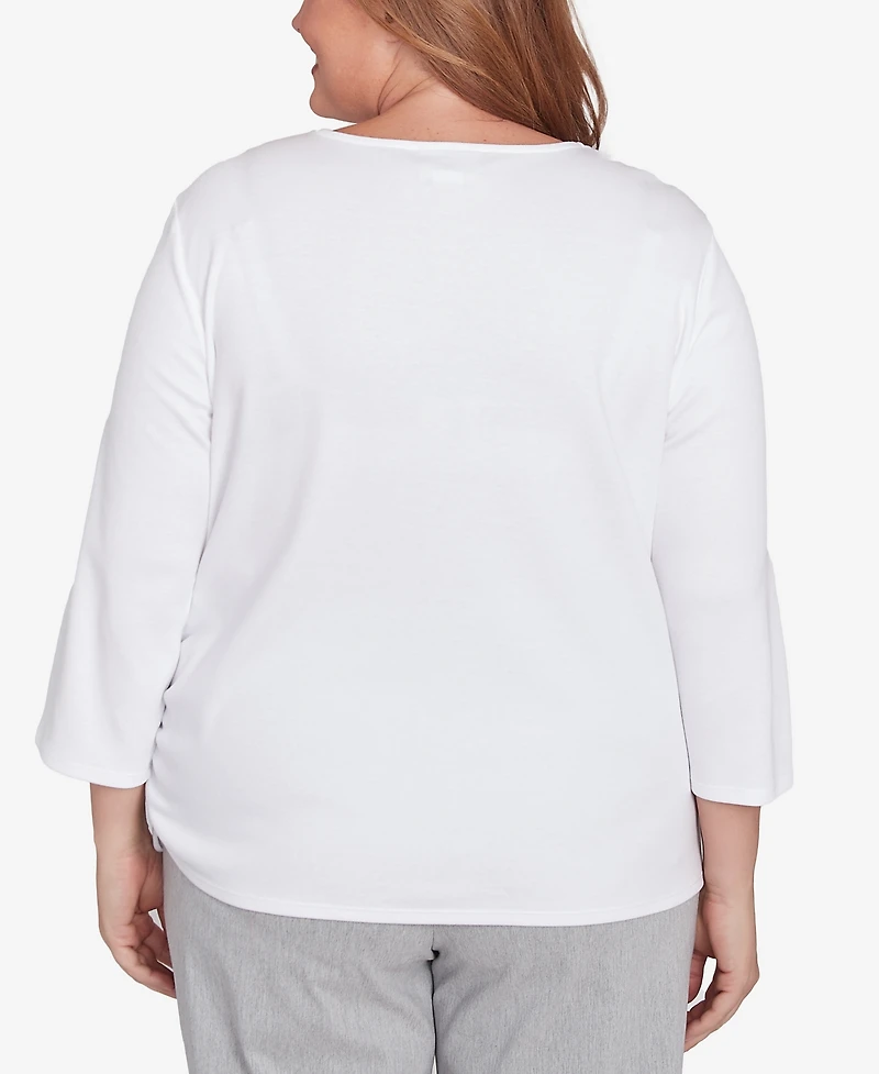 Alfred Dunner Plus Size Dress Code Linear Knit Floral Embroidered Crew Neck Top