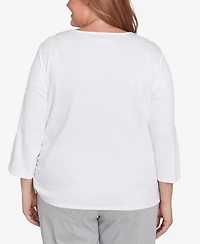 Alfred Dunner Plus Size Dress Code Linear Knit Floral Embroidered Crew Neck Top