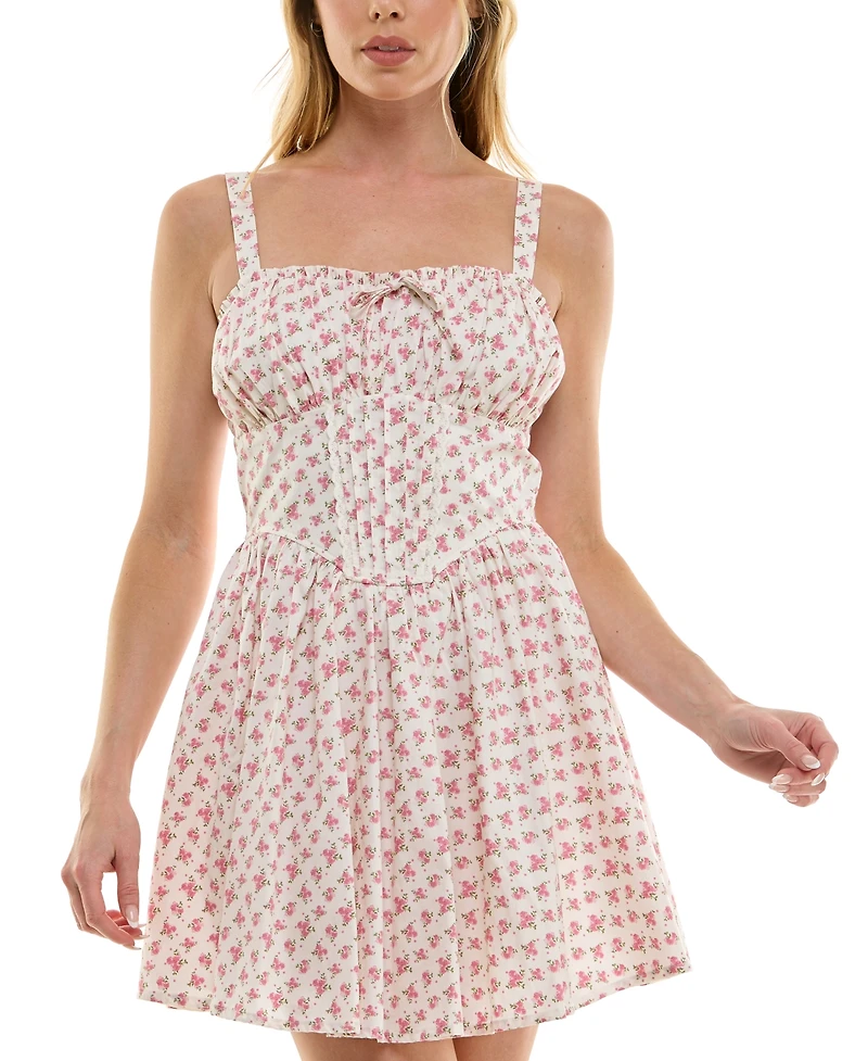 Trixxi Juniors' Cotton Printed Corset-Style Mini Dress