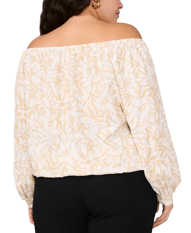 Vince Camuto Plus Printed Off-The-Shoulder Long-Sleeve Tie-Front Blouse