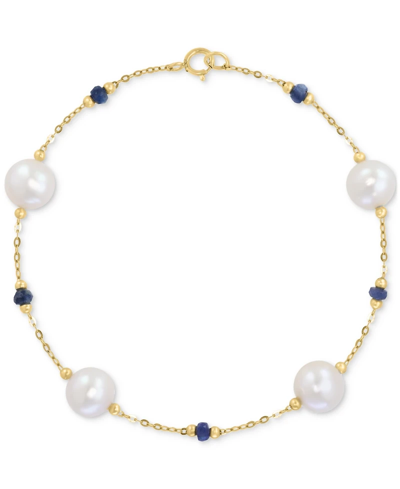 Effy Cultured Freshwater Pearl (8mm) & Sapphire (7/8 ct. t.w.) Link Bracelet in 14k Gold
