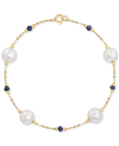 Effy Cultured Freshwater Pearl (8mm) & Sapphire (7/8 ct. t.w.) Link Bracelet in 14k Gold