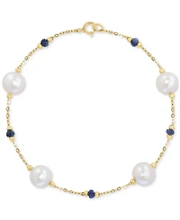 Effy Cultured Freshwater Pearl (8mm) & Sapphire (7/8 ct. t.w.) Link Bracelet in 14k Gold