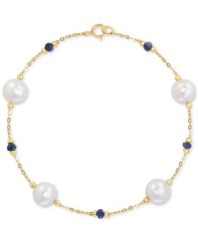 Effy Cultured Freshwater Pearl 8mm Sapphire Chain Link Bracelet In 14k Gold Collection