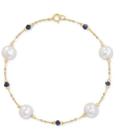 Effy Cultured Freshwater Pearl 8mm Sapphire Chain Link Bracelet In 14k Gold Collection