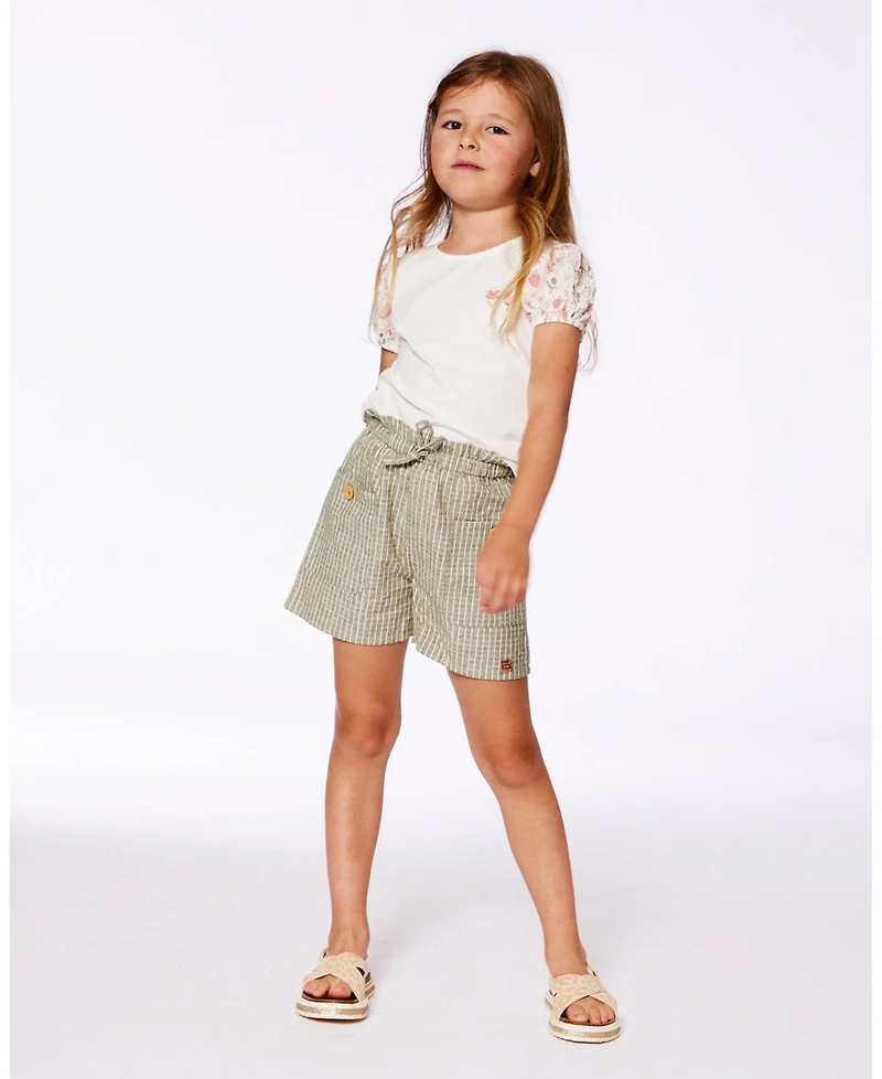Deux par Deux Big Girls Bi-Material Organic Cotton Top With Puff Sleeve Pink Flowers On Cream Background