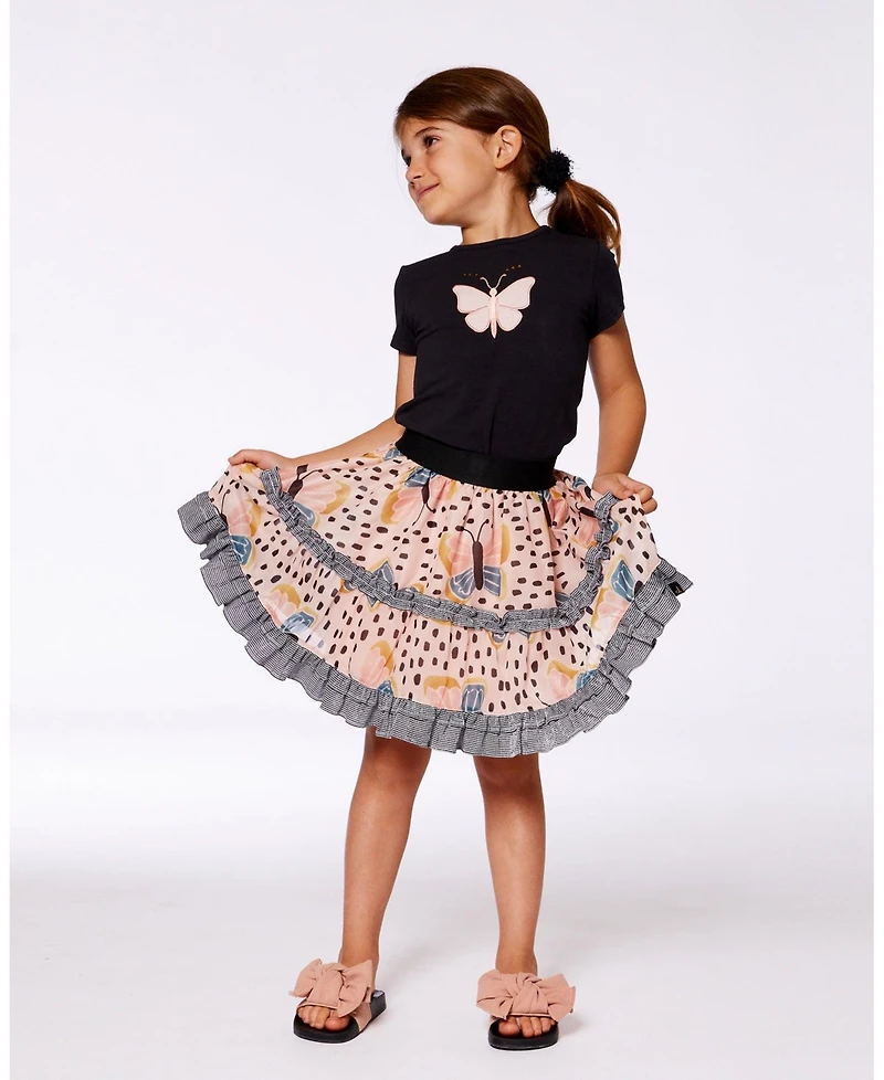 Deux par Deux Toddler Girls Printed Ruffle Skirt Black And Pink Butterflies - Toddler|Child