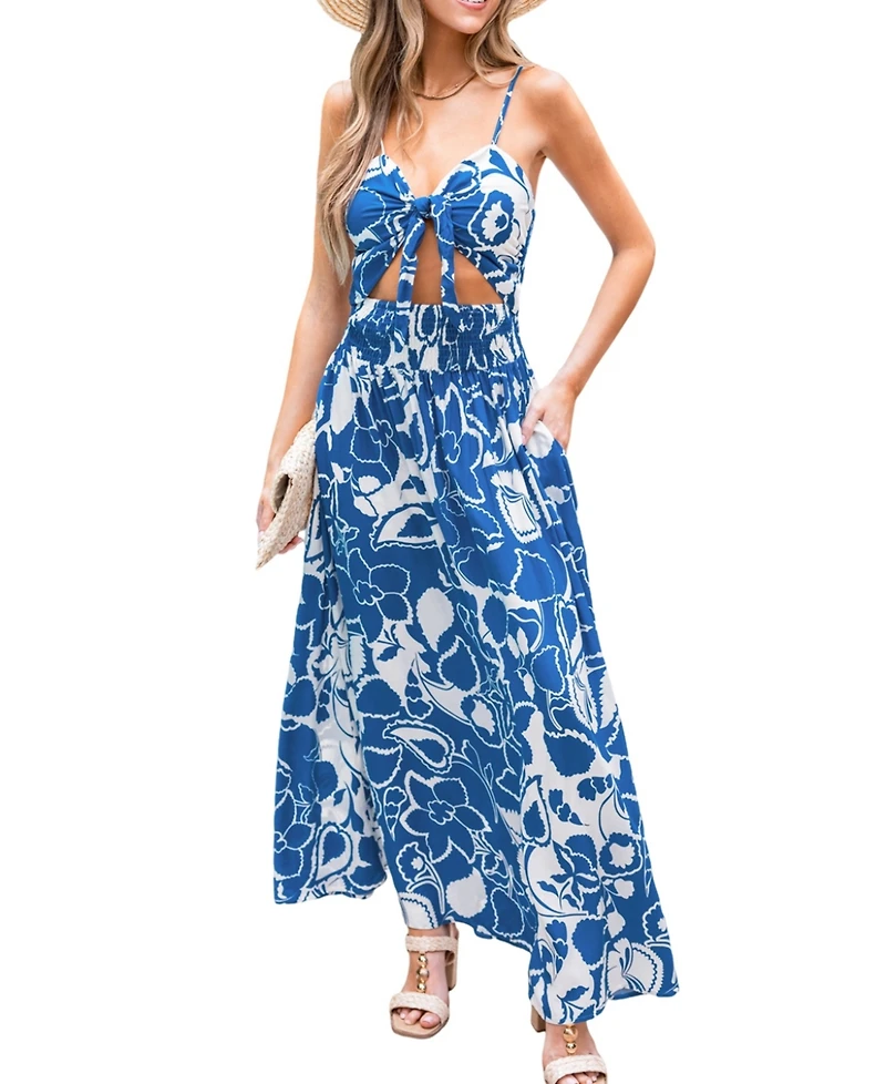 Cupshe Women's Blue Keyhole Smocked Waist Maxi Beach Dress