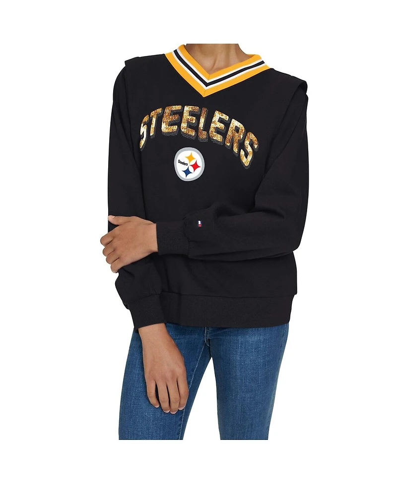 Tommy Hilfiger Women's Black Pittsburgh Steelers Alice V-Neck Pullover Sweatshirt