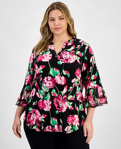 Kasper Plus Size Floral-Print Flutter-Sleeve Top