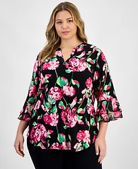 Kasper Plus Size Floral-Print Flutter-Sleeve Top