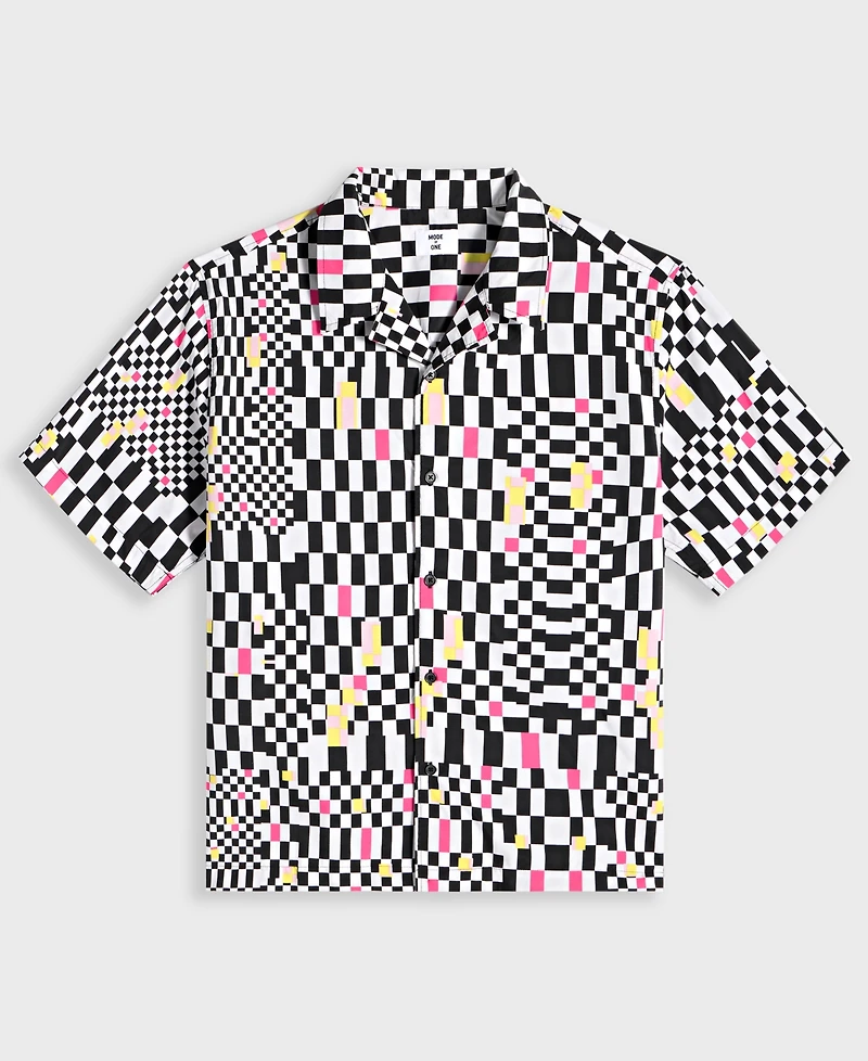 Mode of One Men's Mixed Check Relaxed-Fit Printed Button-Down Camp Shirt, Exclusively at Macy's