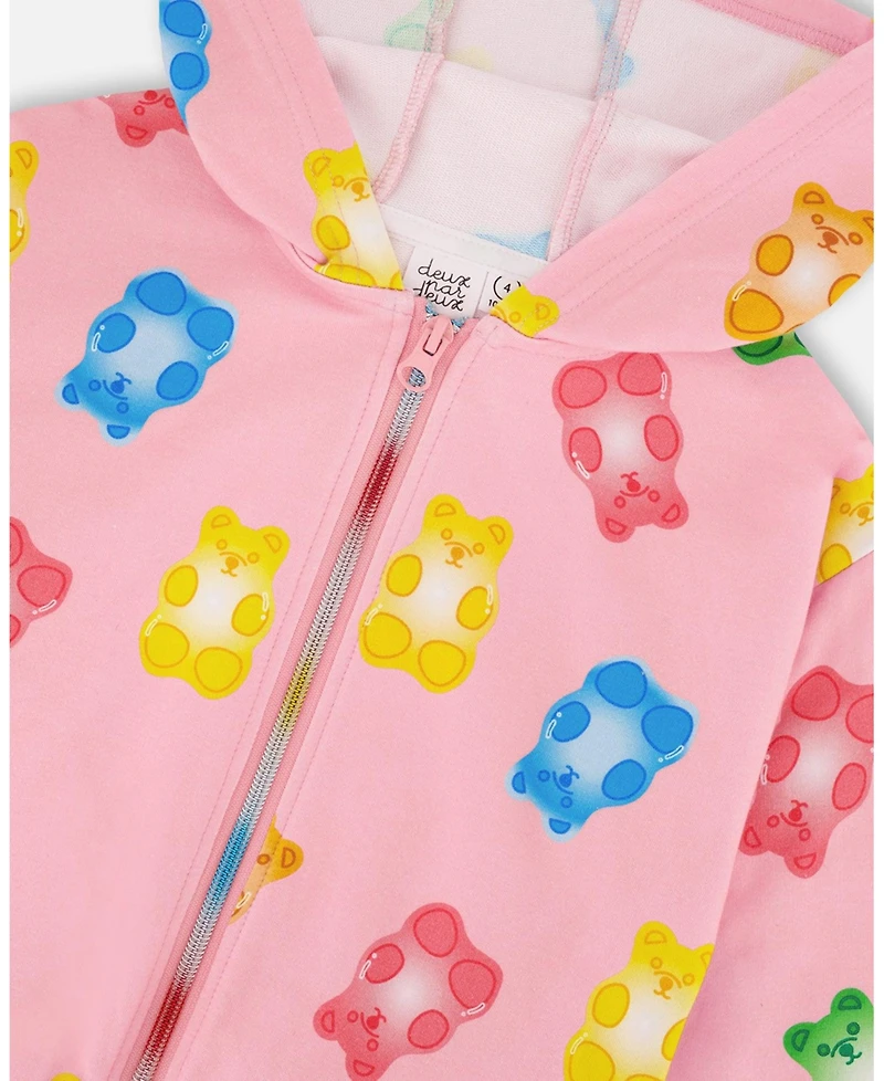 Deux par Deux Big Girls Printed French Terry Hoodie Cardigan Pink Multicolored Gummies