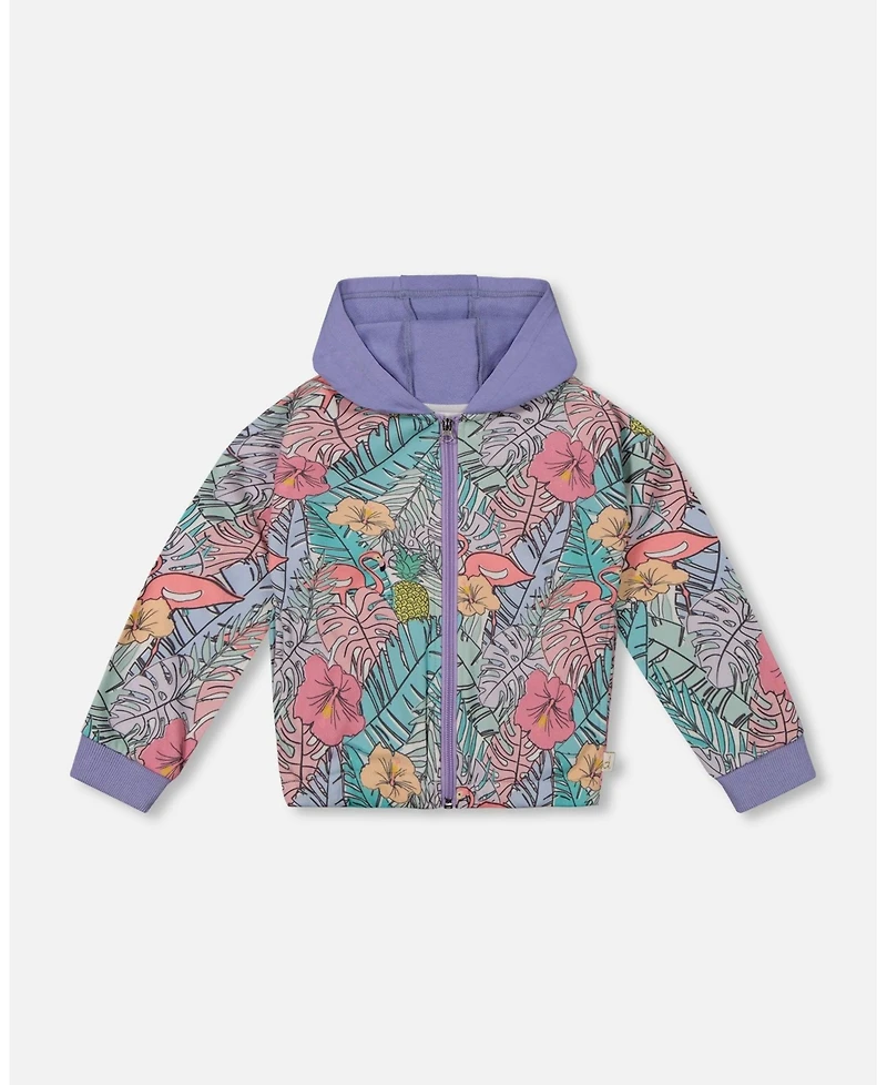 Deux par Deux Toddler Girls Printed French Terry Hoodie Cardigan Lilac Tropical And Pink Flamingos - Toddler|Child