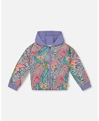 Deux par Deux Toddler Girls Printed French Terry Hoodie Cardigan Lilac Tropical And Pink Flamingos - Toddler|Child