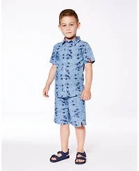Deux par Big Boys Printed Chambray Short Sleeve Shirt Pale Blue And Navy