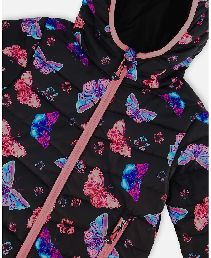 Deux par Deux Baby Girls Printed Quilted Mid-Season Jacket Multicolored Butterflies On Black Background