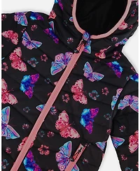 Deux par Deux Baby Girls Printed Quilted Mid-Season Jacket Multicolored Butterflies On Black Background