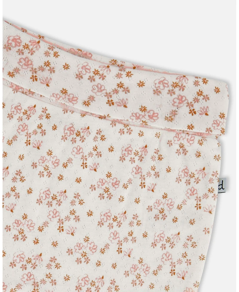 Deux par Deux Baby Girls Cotton Pointelle Evolutive Pant Printed Pink And White Flowers