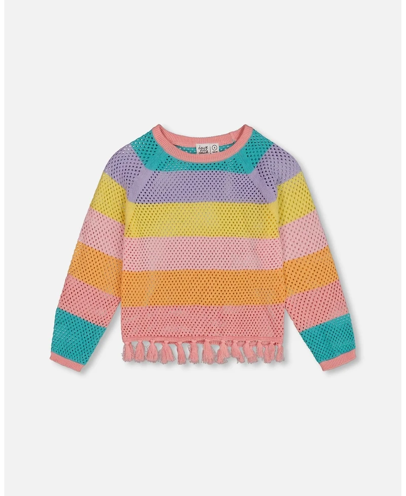 Deux par Deux Big Girls Cotton Sweater With Fringe Multicolor Stripes