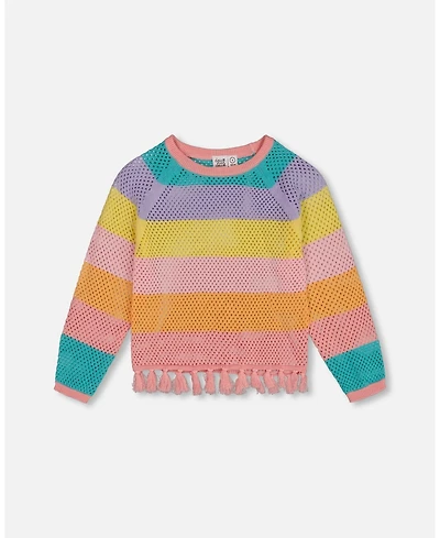Deux par Deux Big Girls Cotton Sweater With Fringe Multicolor Stripes