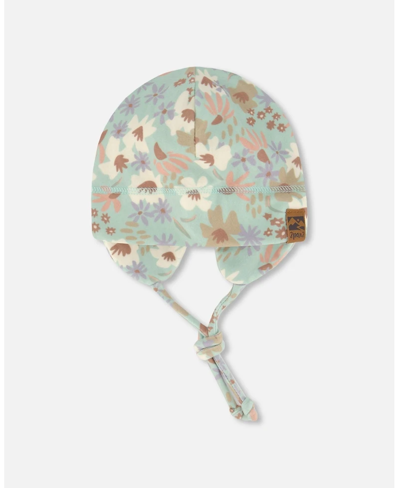 Deux par Deux Baby Girls Printed Mid-Season One-Piece Outerwear With Hat Small White Flowers On Turquoise And Lilac