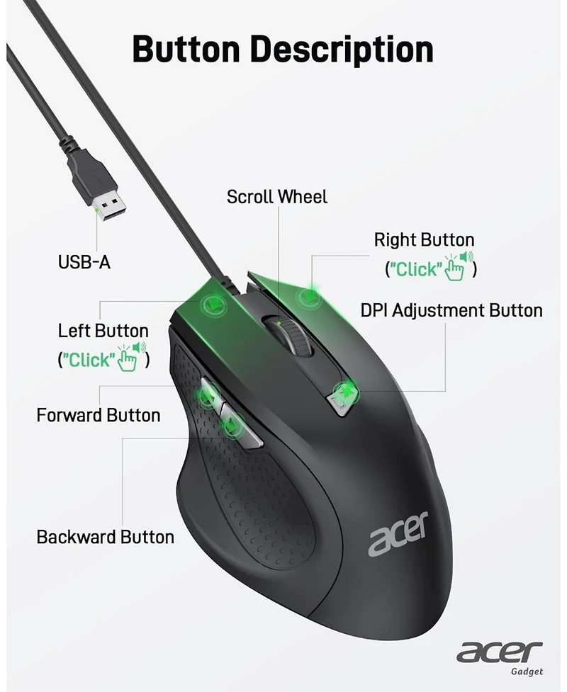acer Wired Mouse, 4 Adjustable Dpi Usb Computer Mouse with Side Buttons, 5FT Cord Ergonomic Mouse, 6 Buttons, 3200 Dpi Optical Mouse, Compatible with