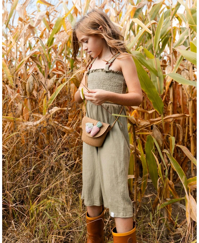 Deux par Deux Big Girls Smocked Crinkle Jersey Jumpsuit Olive Green
