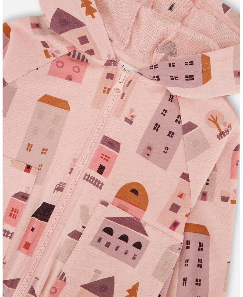 Deux par Deux Baby Girls Printed French Terry Hoodie Cardigan Pink And Coral Houses