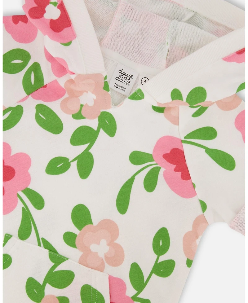 Deux par Deux Big Girls Printed French Terry Hooded Dress Pink Flowers On White Background