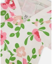 Deux par Deux Big Girls Printed French Terry Hooded Dress Pink Flowers On White Background