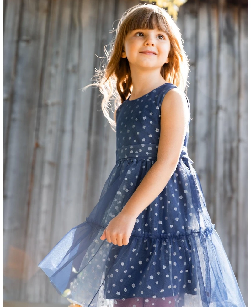 Deux par Deux Big Girls Printed Tiered Dress Blue With Daisy Print