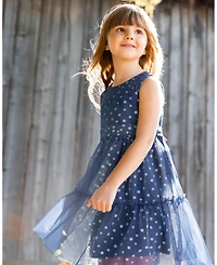 Deux par Deux Big Girls Printed Tiered Dress Blue With Daisy Print