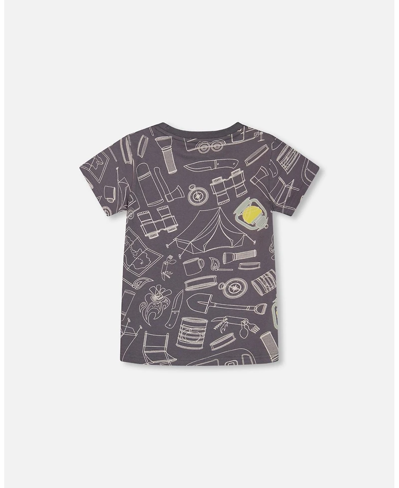 Deux par Deux Toddler Boys Printed Organic Cotton Tee Grayish Blue And Camping - Toddler|Child