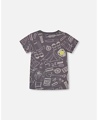 Deux par Deux Toddler Boys Printed Organic Cotton Tee Grayish Blue And Camping - Toddler|Child