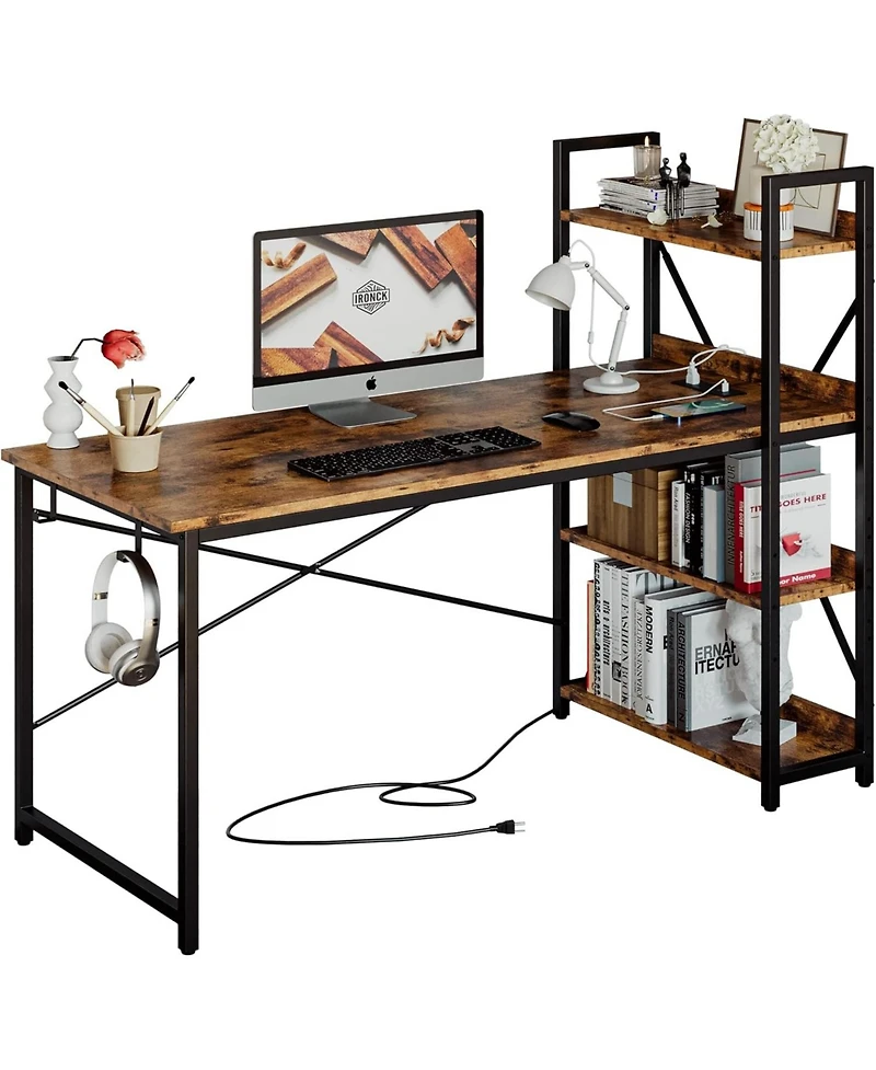 Computer Desk with Power Outlet and Storage Shelves