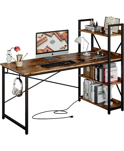 Computer Desk with Power Outlet and Storage Shelves