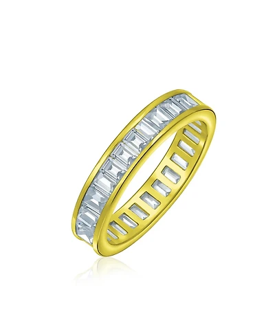 Bling Jewelry Cubic Zirconia Channel Set Rectangle Baguette Cz Eternity Ring Band Yellow Gold Plated .925 Sterling Silver 4MM Stackable Rings