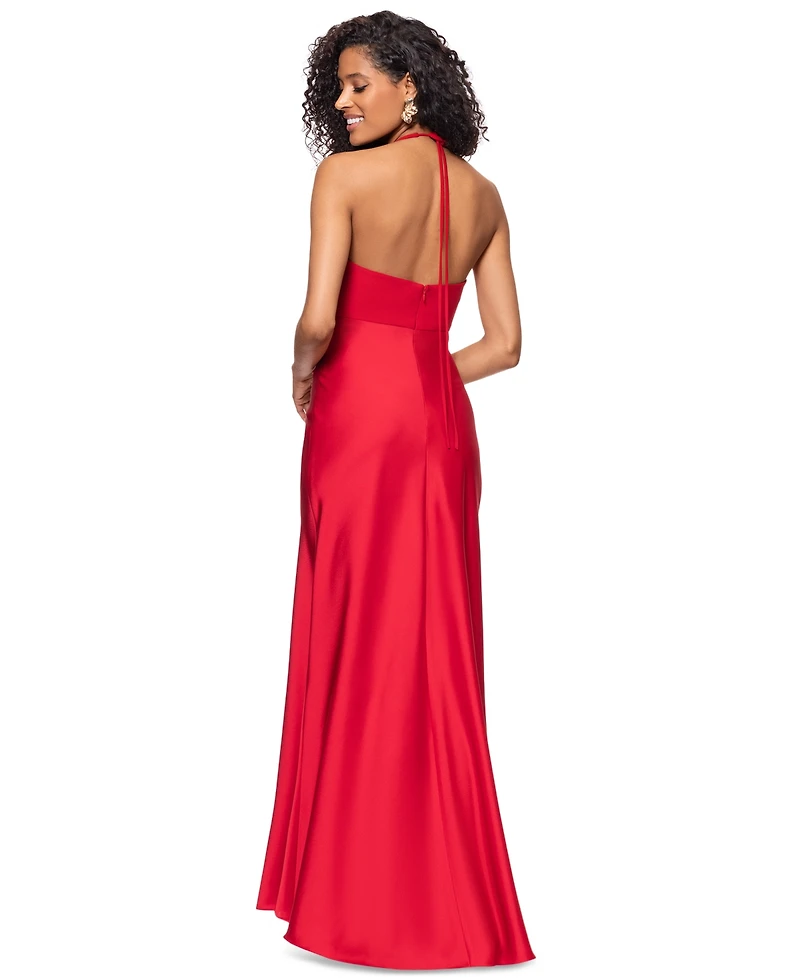 Betsy & Adam Women's Ruched Halter Gown