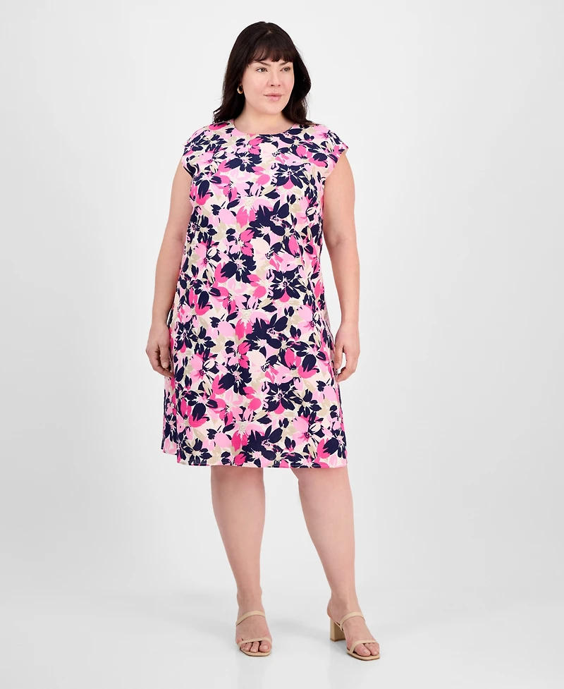 Jones New York Plus Size Floral-Print Linen-Blend Swing Dress
