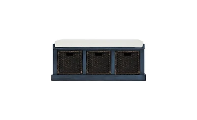 Storage Bench with Rattan Baskets – Rustic Entry Bench with 3 Compartments and Removable Cushion