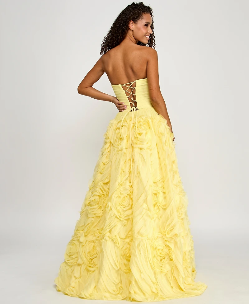 Say Yes Juniors' Ruffled Rosette Strapless Ball Gown, Created for Macy's