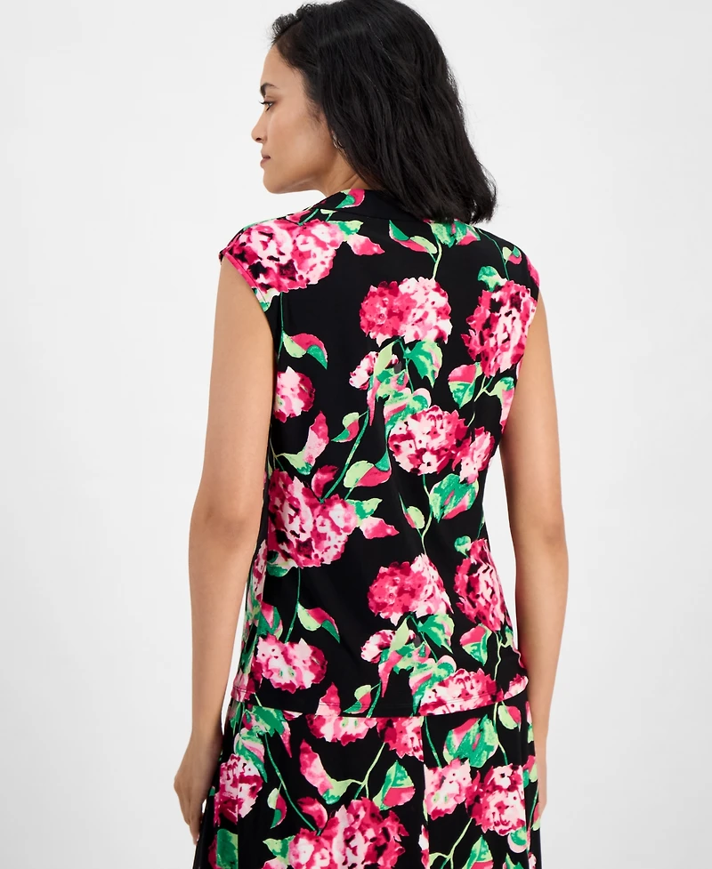 Kasper Women's Floral Cowlneck Cap-Sleeve Top