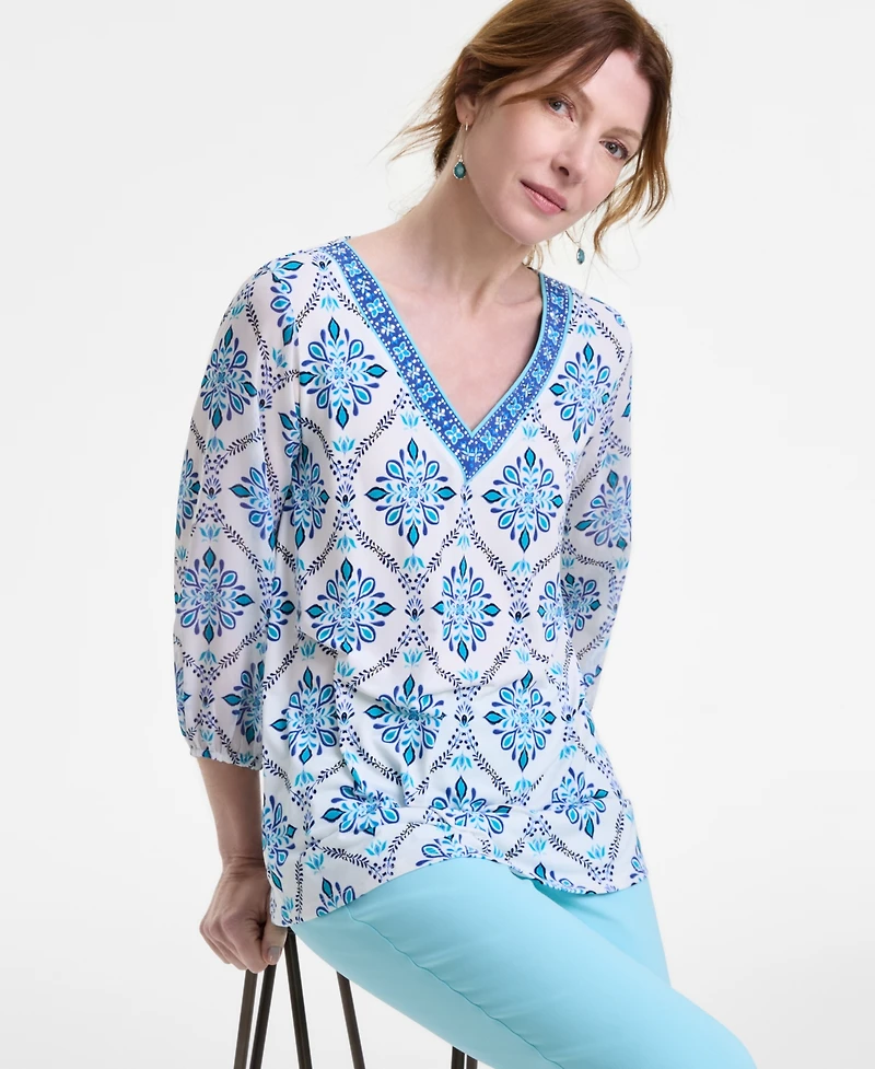 Jm Collection Women's Embellished V-Neck 3/4-Sleeve Top, Exclusively at Macy's