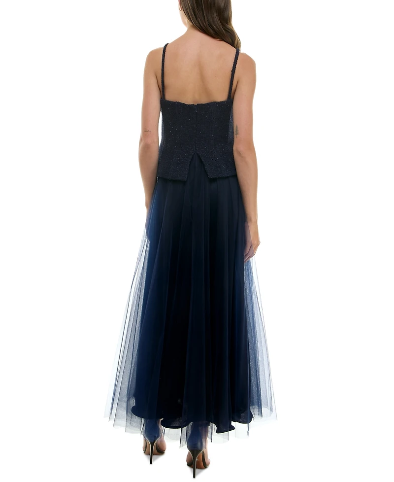 Taylor Women's Mixed-Media Embellished-Button Gown