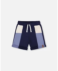 Deux par Deux Toddler Boys French Terry Color Block Short Blue, Navy And Cream - Toddler|Child